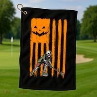 Ice Hockey Skeleton Halloween Boys American Pumpkin Flag Gift Golf Towel thumb 1