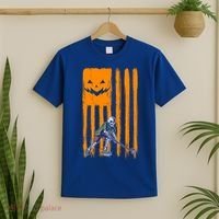 Ice Hockey Skeleton Halloween Boys American Pumpkin Flag Gift T-Shirt thumb 2
