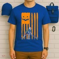 Ice Hockey Skeleton Halloween Boys American Pumpkin Flag Gift T-Shirt thumb 6
