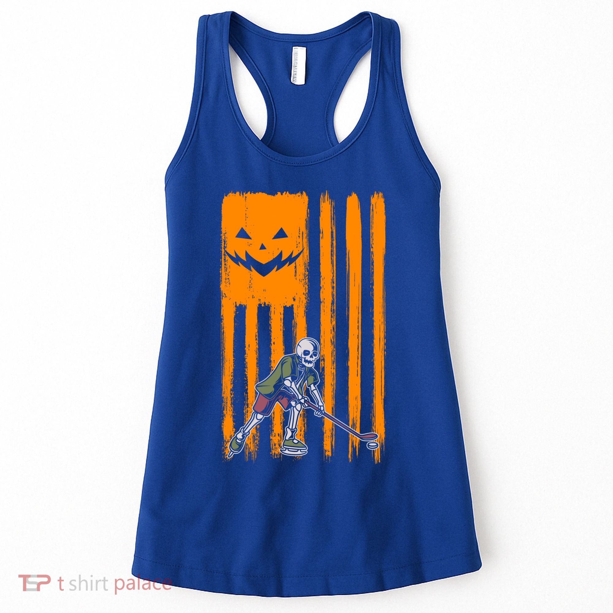 Ice Hockey Skeleton Halloween Boys American Pumpkin Flag Gift Women's Tank Top