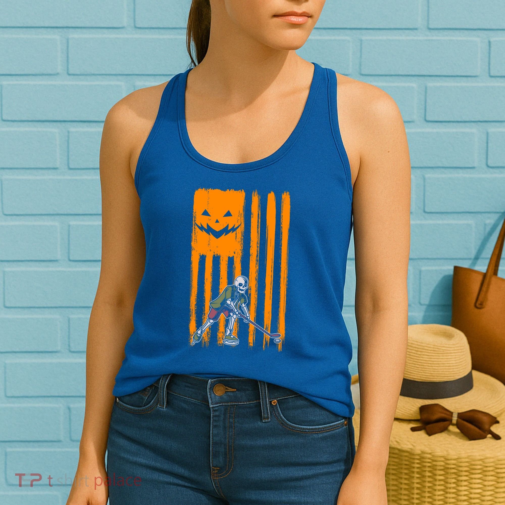 Ice Hockey Skeleton Halloween Boys American Pumpkin Flag Gift Women's Tank Top