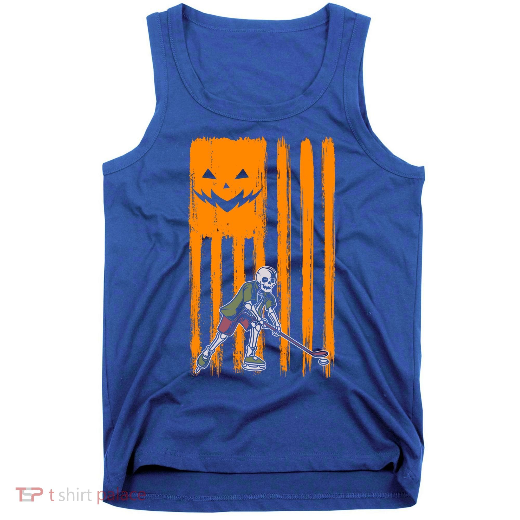 Ice Hockey Skeleton Halloween Boys American Pumpkin Flag Gift Tank Top