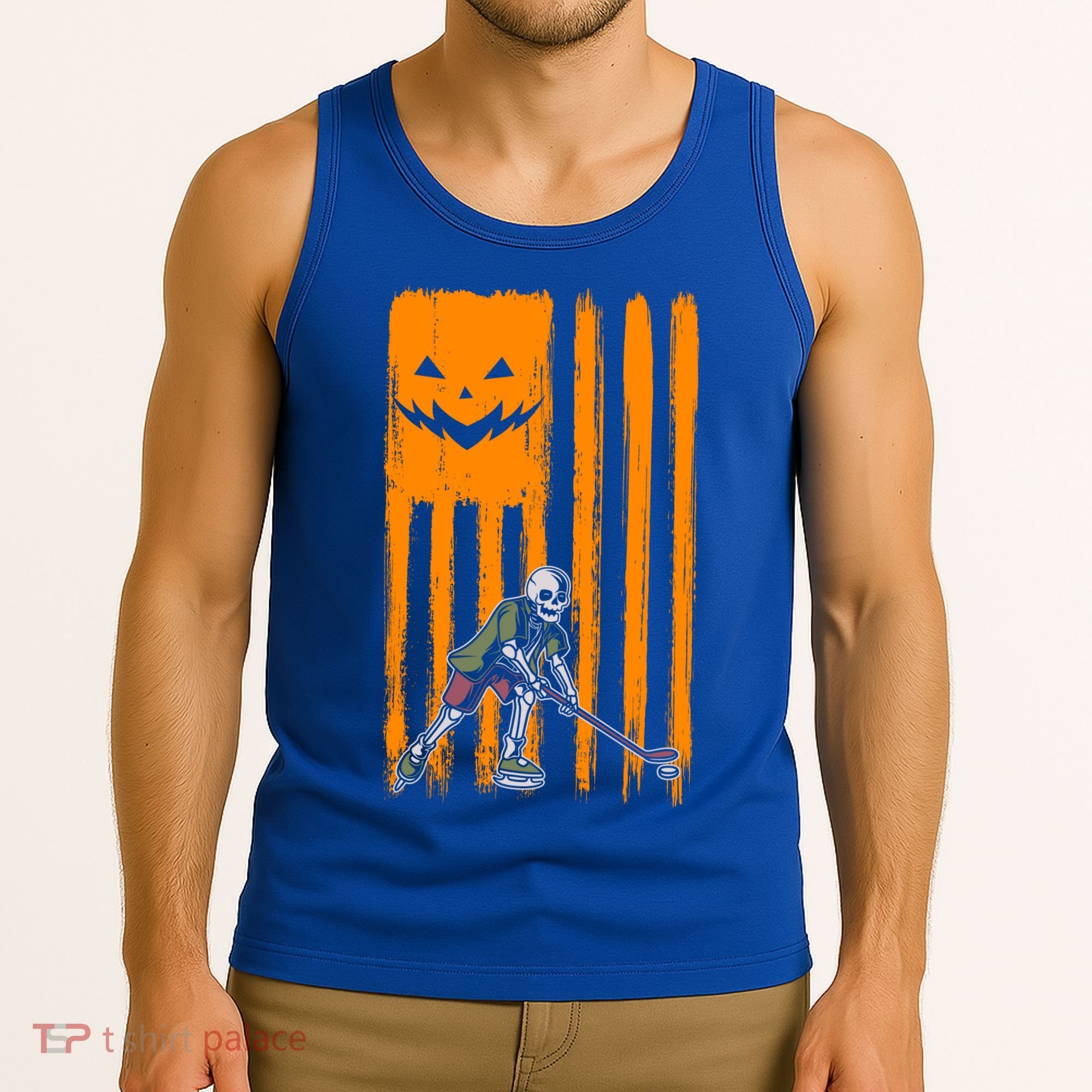 Ice Hockey Skeleton Halloween Boys American Pumpkin Flag Gift Tank Top