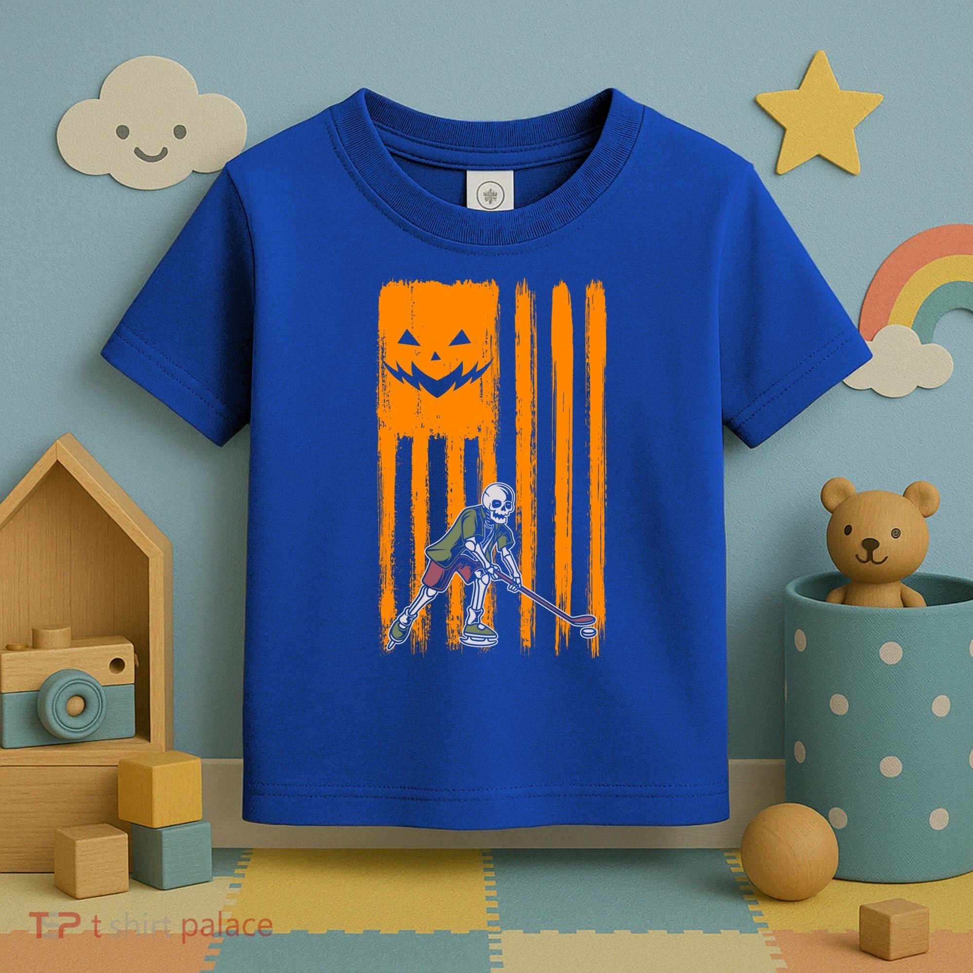 Ice Hockey Skeleton Halloween Boys American Pumpkin Flag Gift Toddler T-Shirt