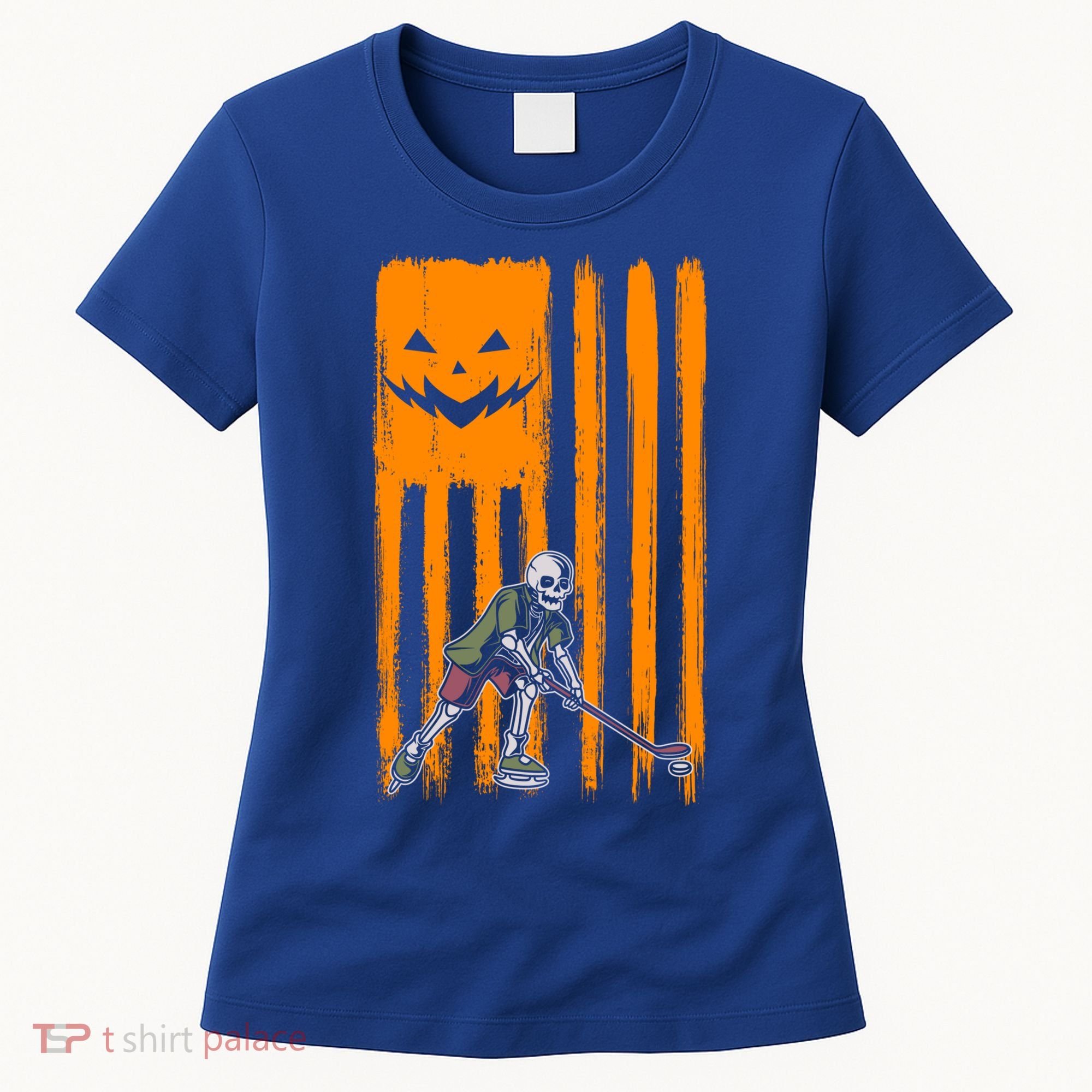 Ice Hockey Skeleton Halloween Boys American Pumpkin Flag Gift Women's T-Shirt