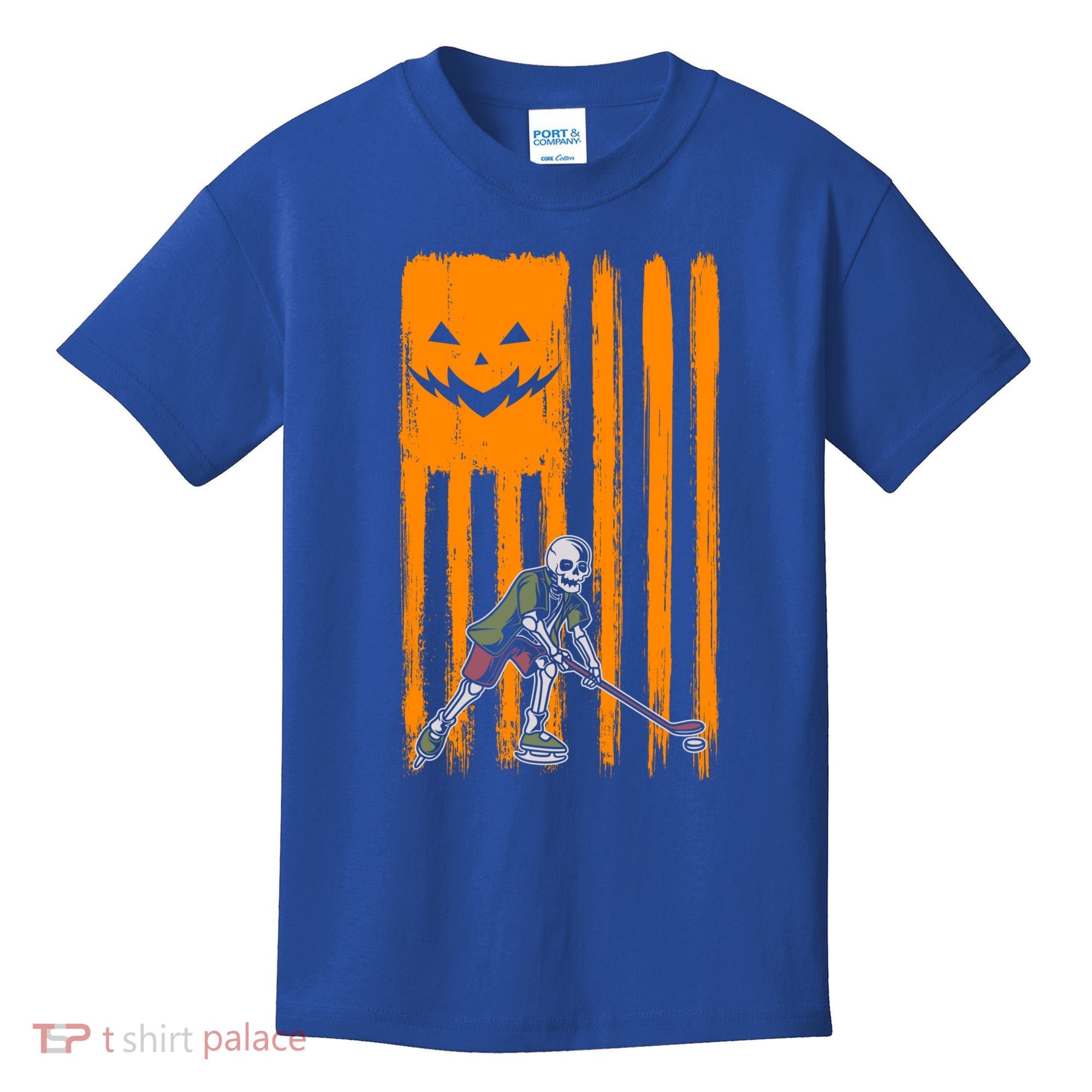 Ice Hockey Skeleton Halloween Boys American Pumpkin Flag Gift Kids T-Shirt