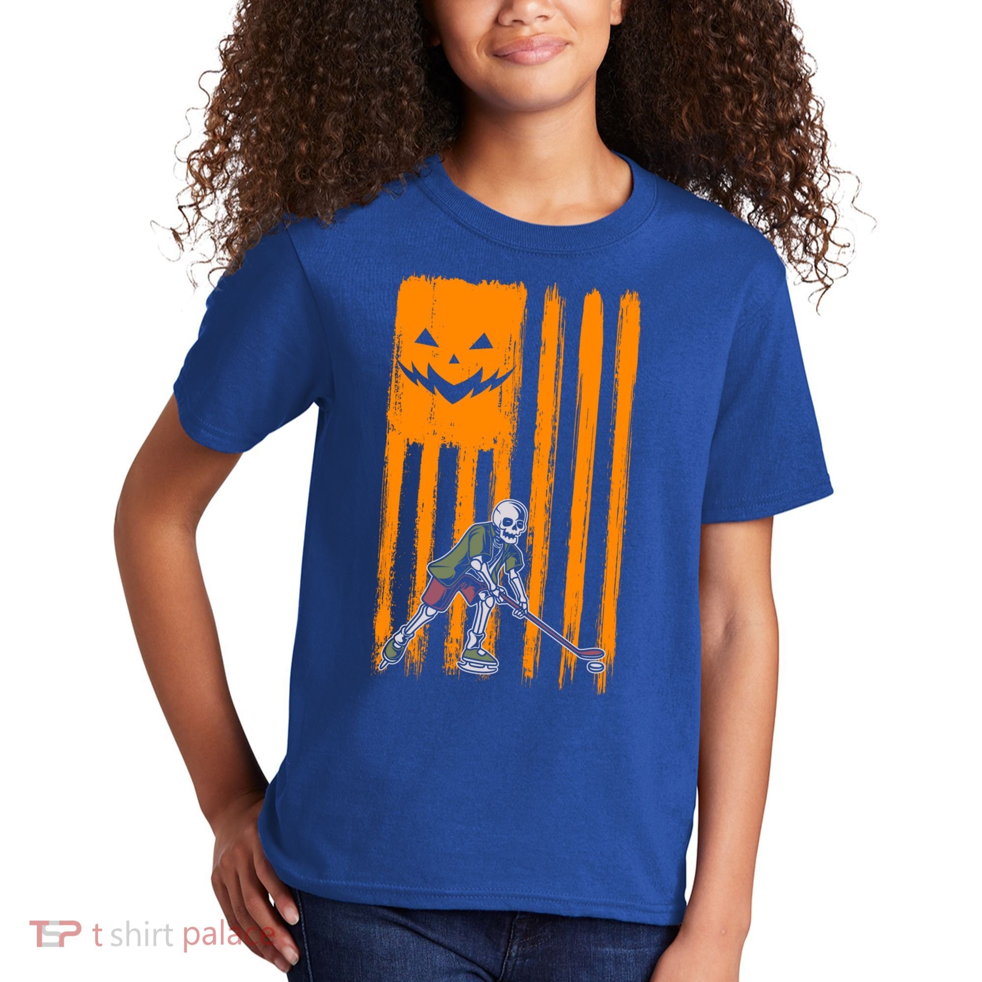 Ice Hockey Skeleton Halloween Boys American Pumpkin Flag Gift Kids T-Shirt