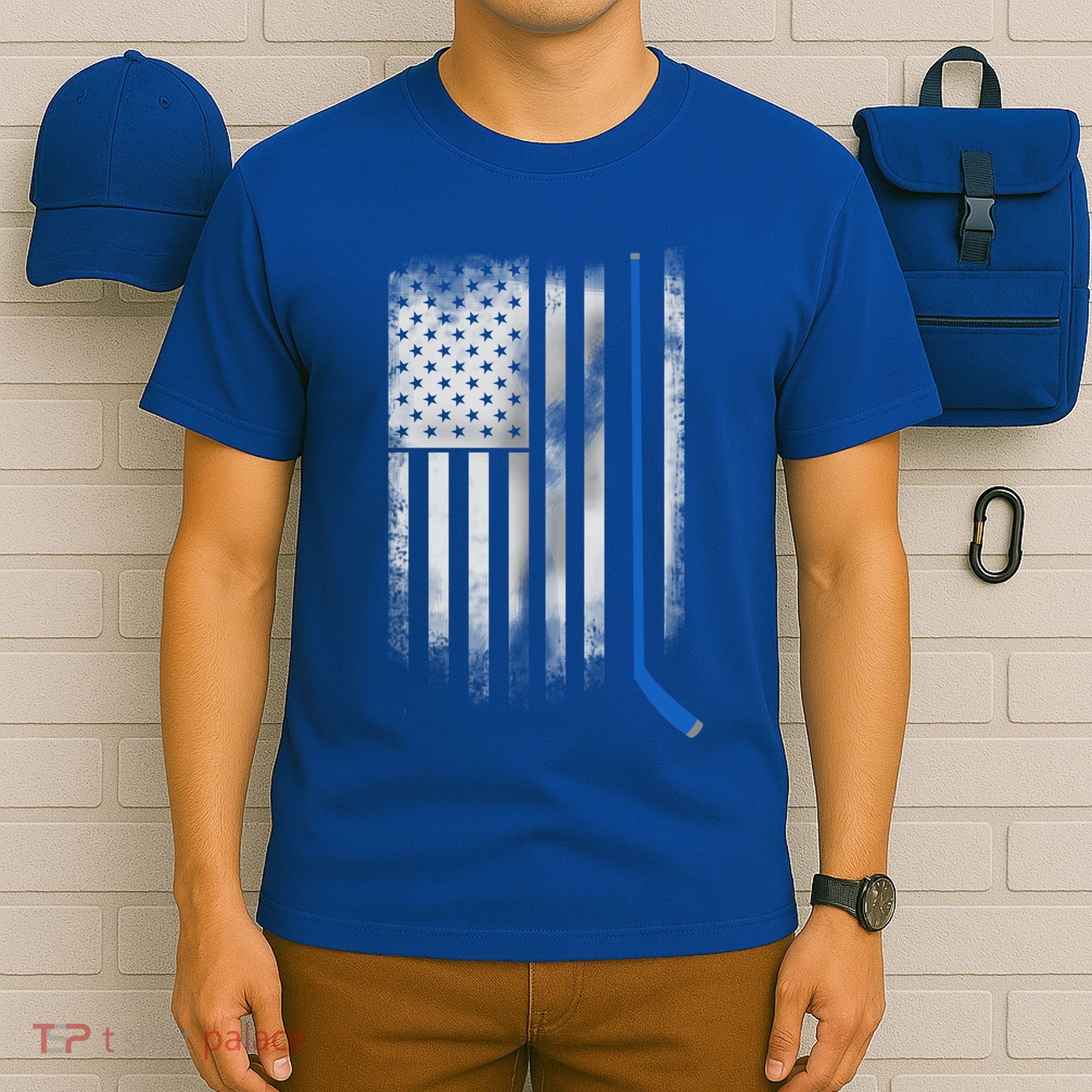 Ice Hockey Stick Blue American Flag Usa Patriot Cool Gift T-Shirt