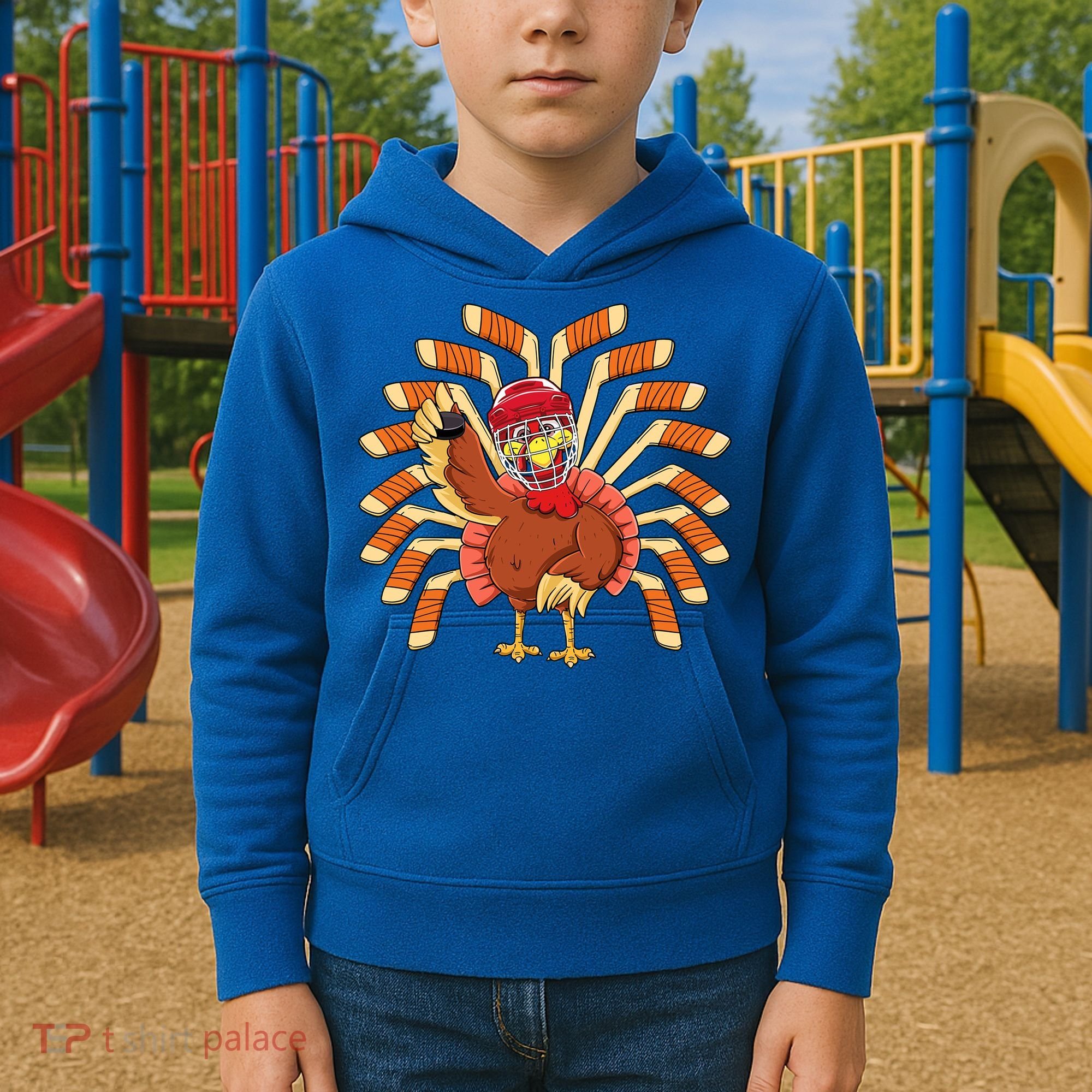 Ice Hockey Thanksgiving Turkey Playing Hockey Meaningful Gift Kids Hoodie
