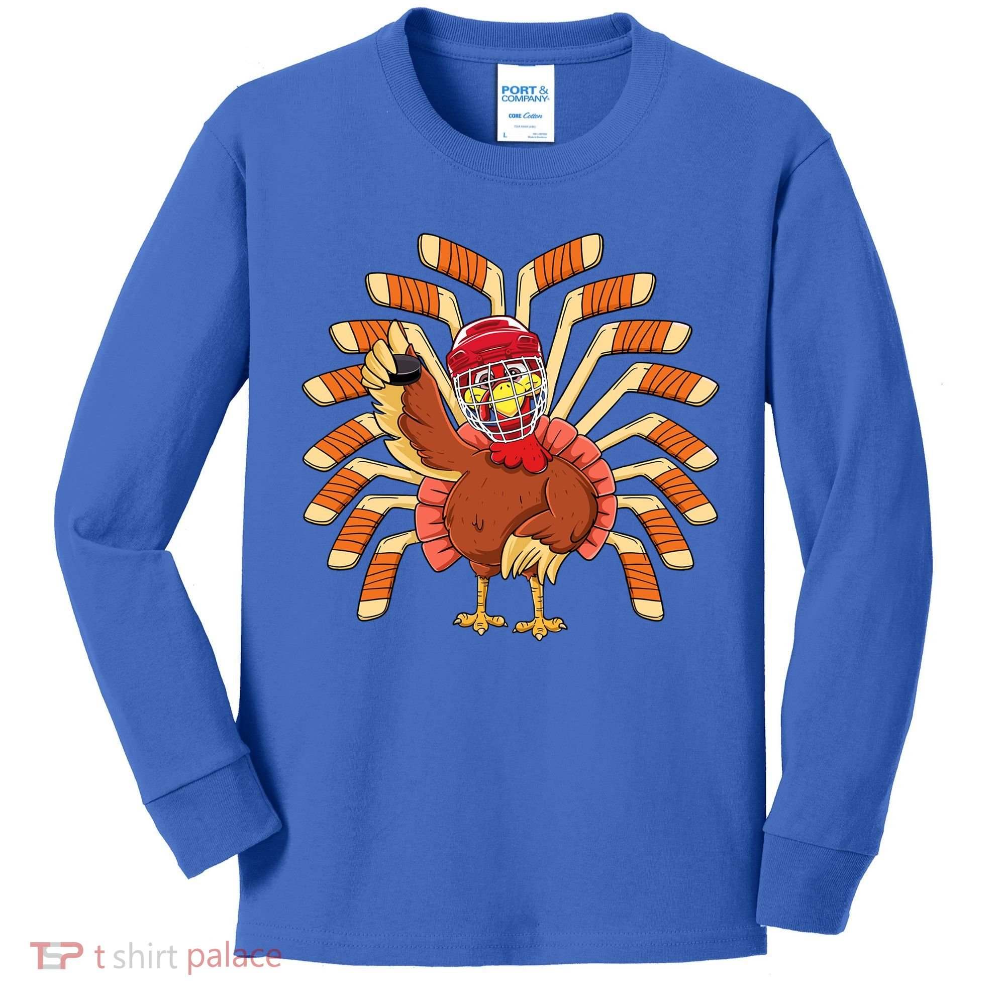 Ice Hockey Thanksgiving Turkey Playing Hockey Meaningful Gift Kids Long Sleeve Shirt