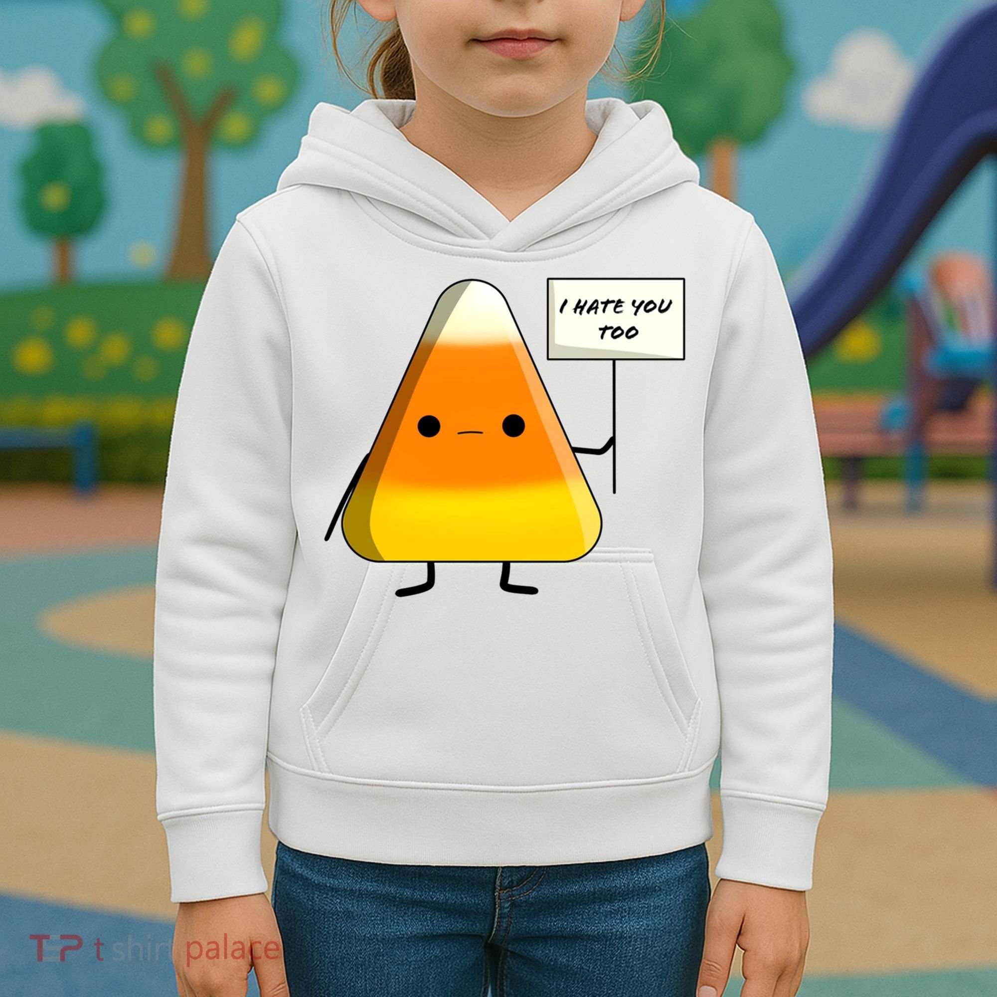 I Hate You Too Funny Halloween Candy Corn Kids Hoodie