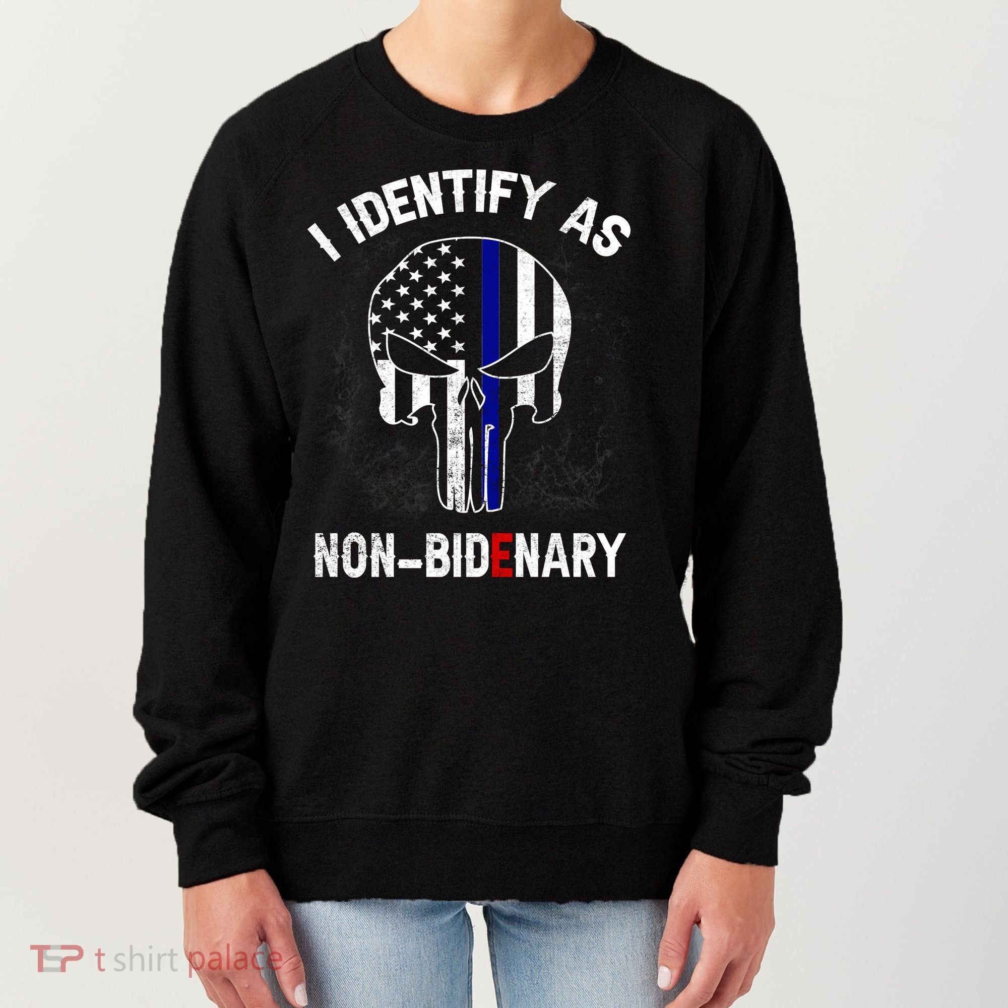 I Identify As Non Bidenary Skull Line Blue, Funny Anti Biden Women's Sweatshirt