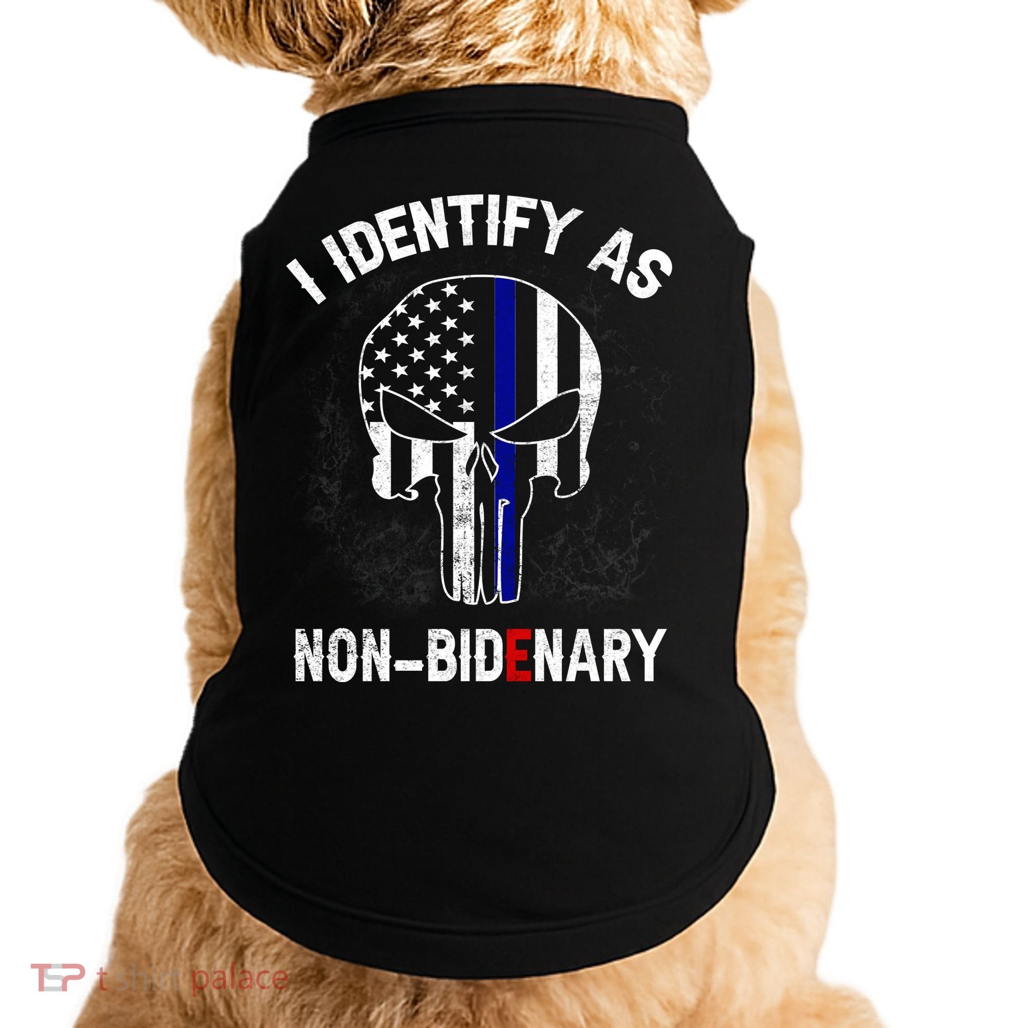 I Identify As Non Bidenary Skull Line Blue, Funny Anti Biden Doggie Tank