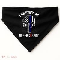 I Identify As Non Bidenary Skull Line Blue, Funny Anti Biden USA-Made Doggie Bandana thumb 0