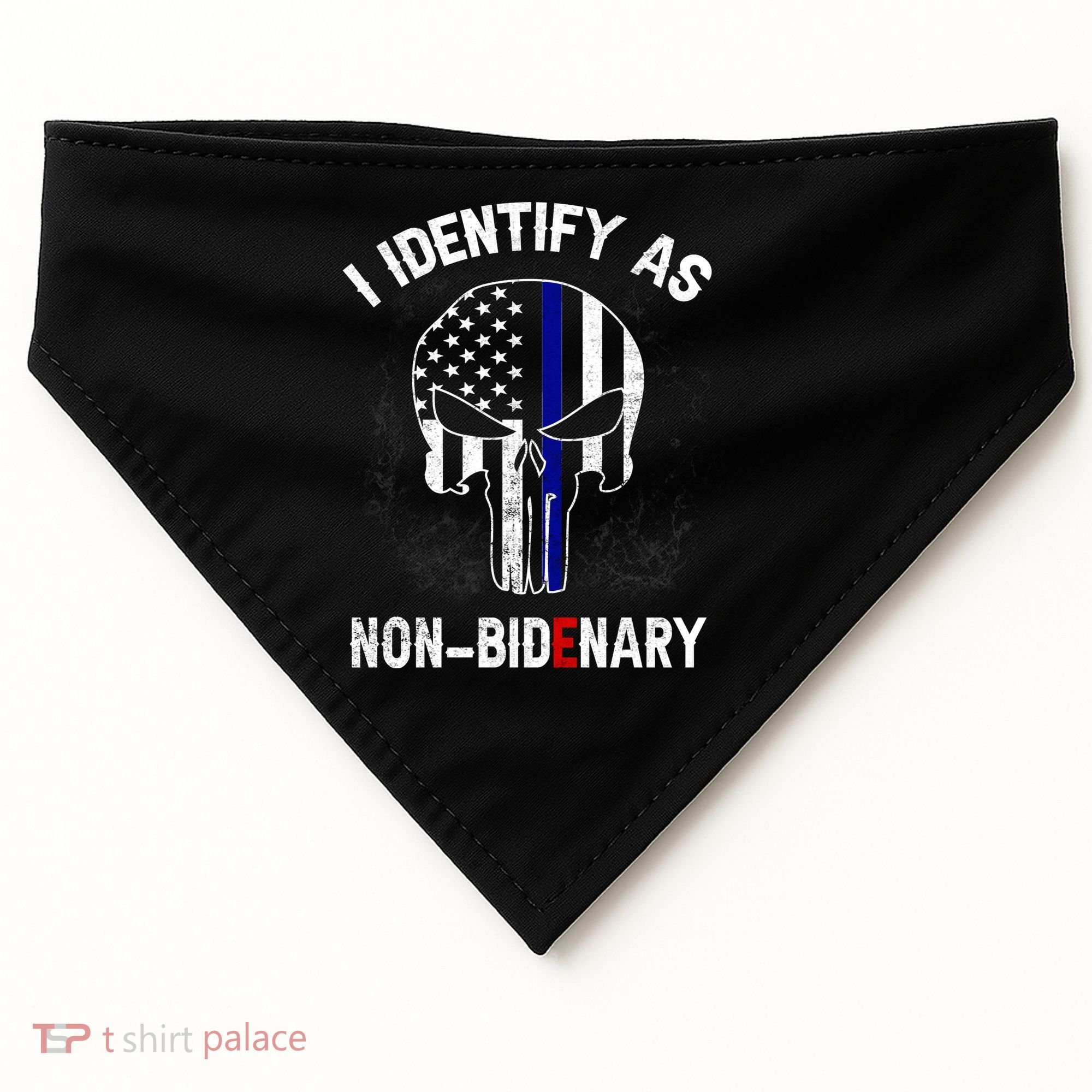 I Identify As Non Bidenary Skull Line Blue, Funny Anti Biden USA-Made Doggie Bandana