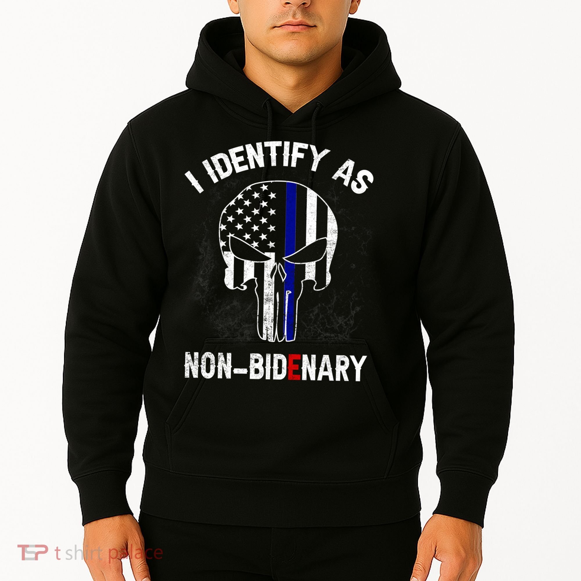I Identify As Non Bidenary Skull Line Blue, Funny Anti Biden Hoodie