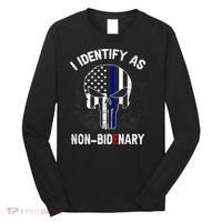 I Identify As Non Bidenary Skull Line Blue, Funny Anti Biden Long Sleeve Shirt thumb 0