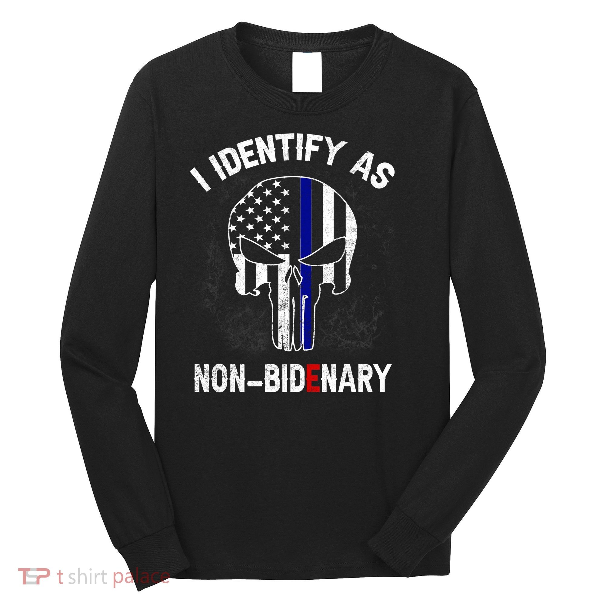 I Identify As Non Bidenary Skull Line Blue, Funny Anti Biden Long Sleeve Shirt