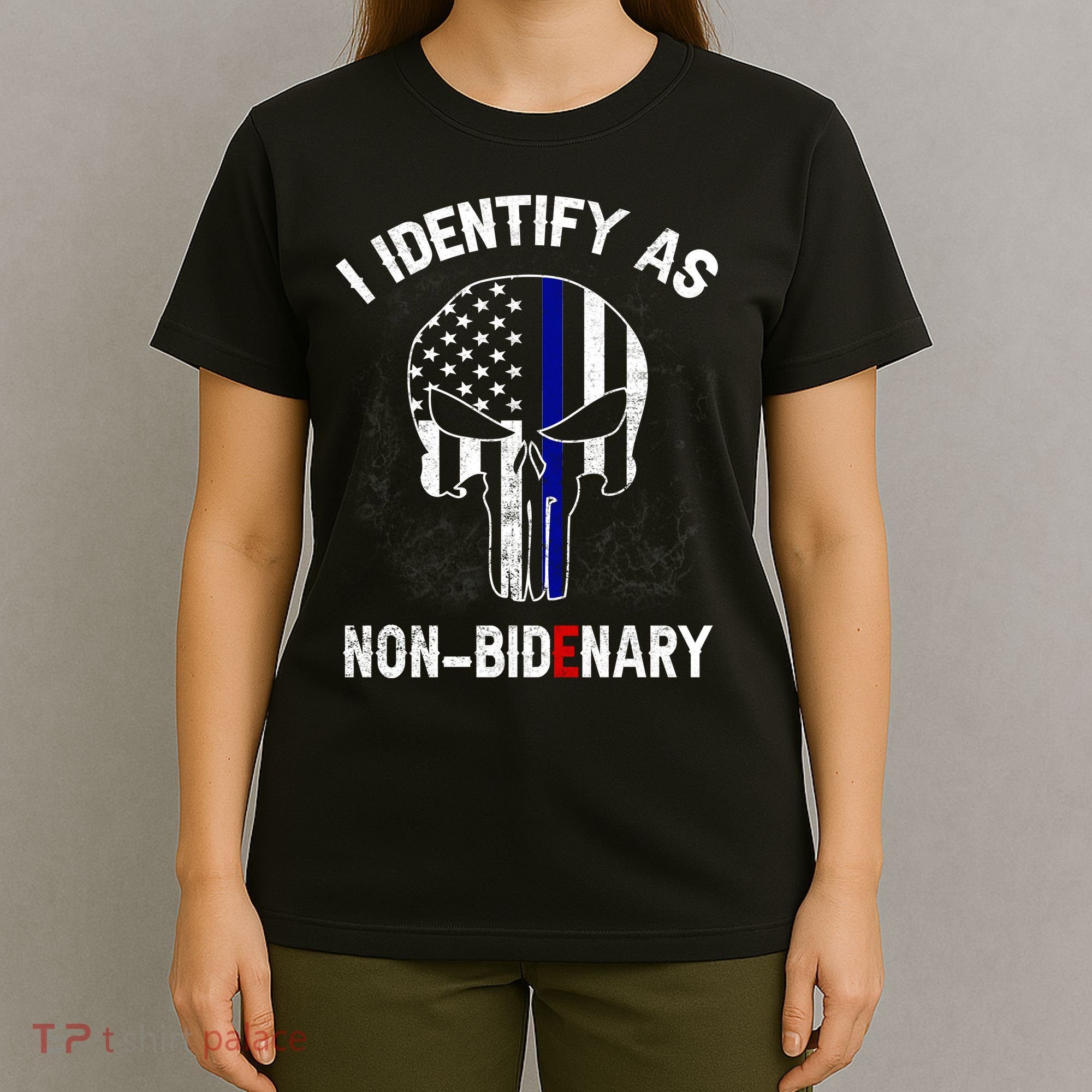 I Identify As Non Bidenary Skull Line Blue, Funny Anti Biden T-Shirt