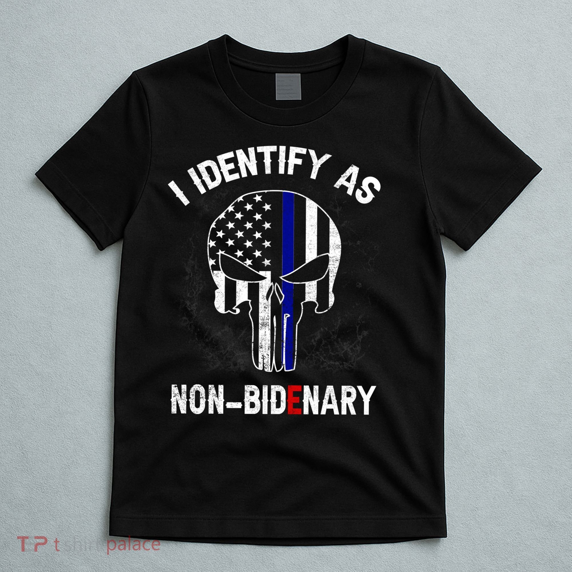 I Identify As Non Bidenary Skull Line Blue, Funny Anti Biden T-Shirt