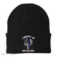 I Identify As Non Bidenary Skull Line Blue, Funny Anti Biden Beanie thumb 0