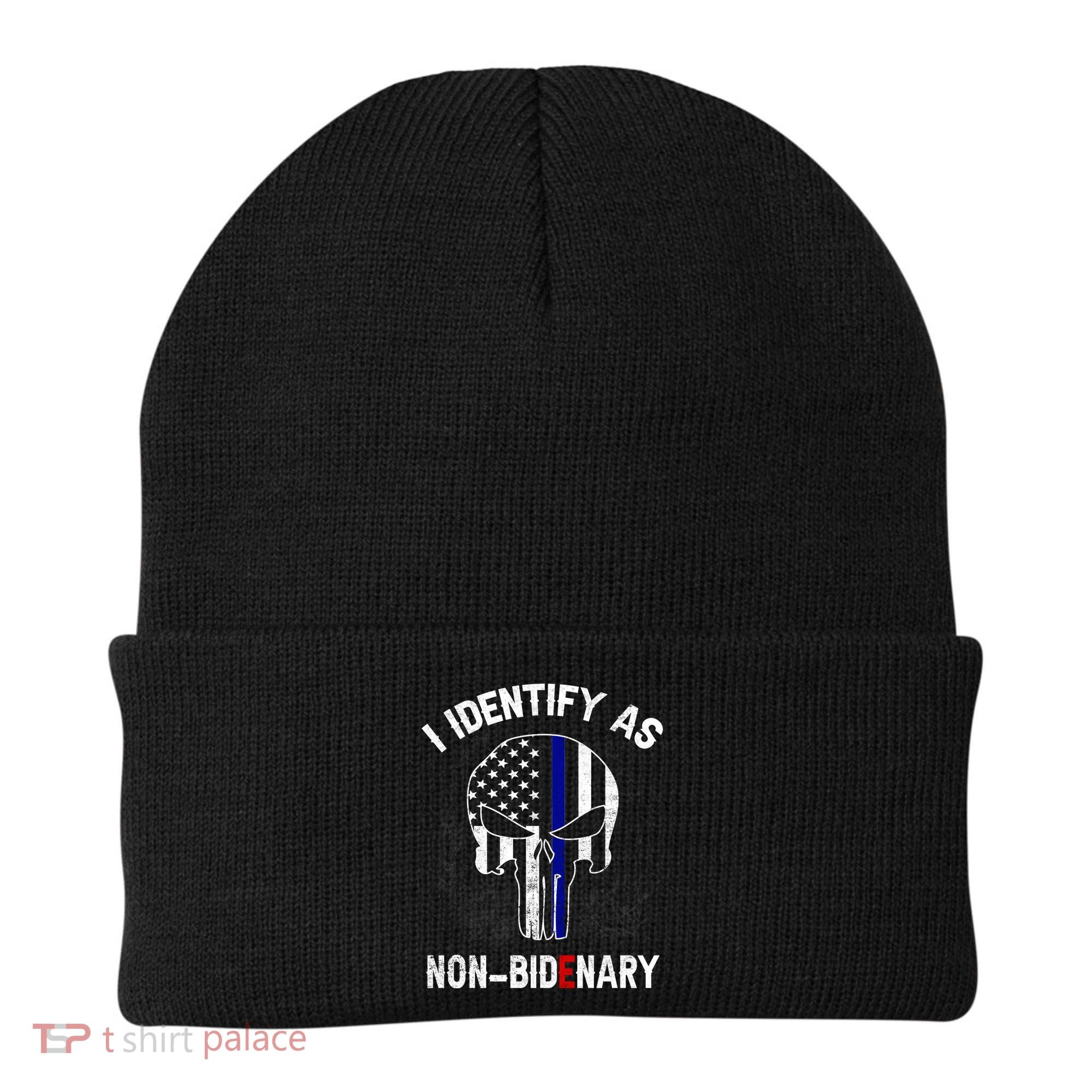 I Identify As Non Bidenary Skull Line Blue, Funny Anti Biden Beanie