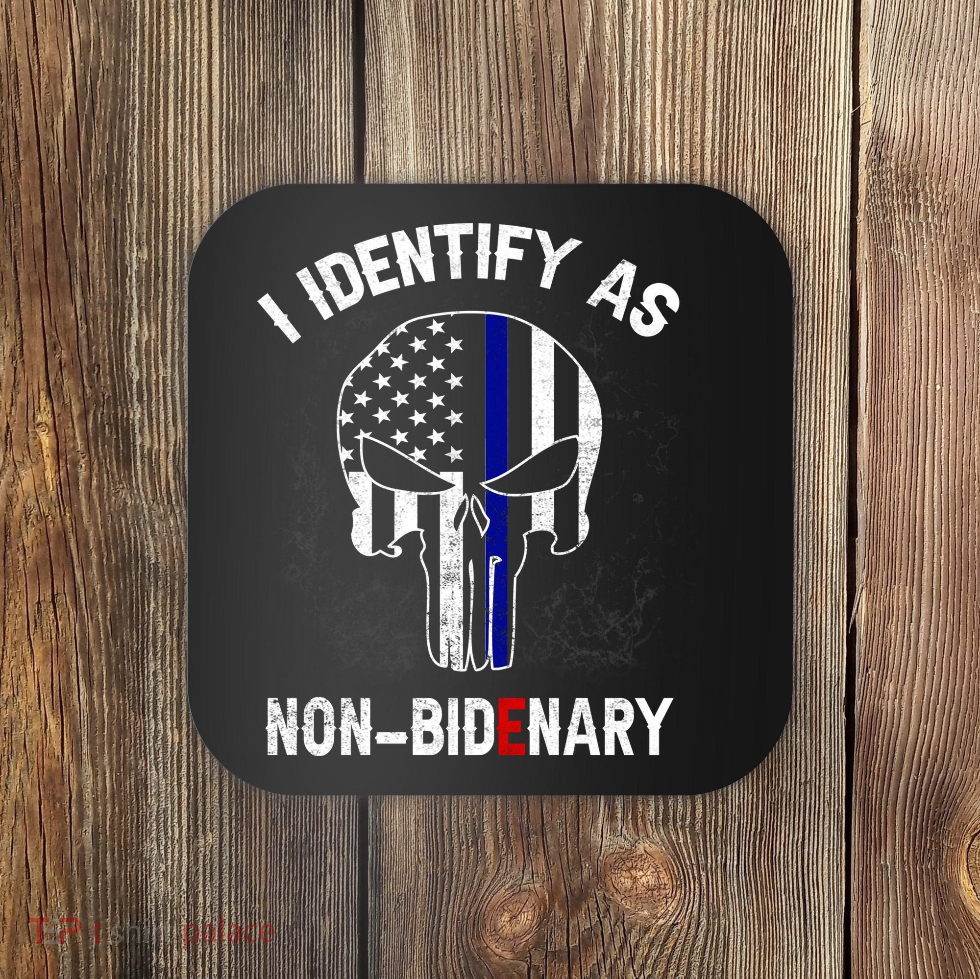 I Identify As Non Bidenary Skull Line Blue, Funny Anti Biden Coaster