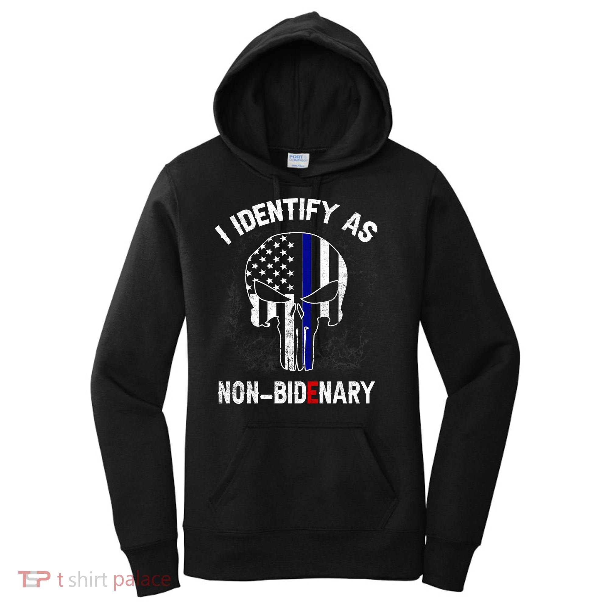 I Identify As Non Bidenary Skull Line Blue, Funny Anti Biden Women's Hoodie
