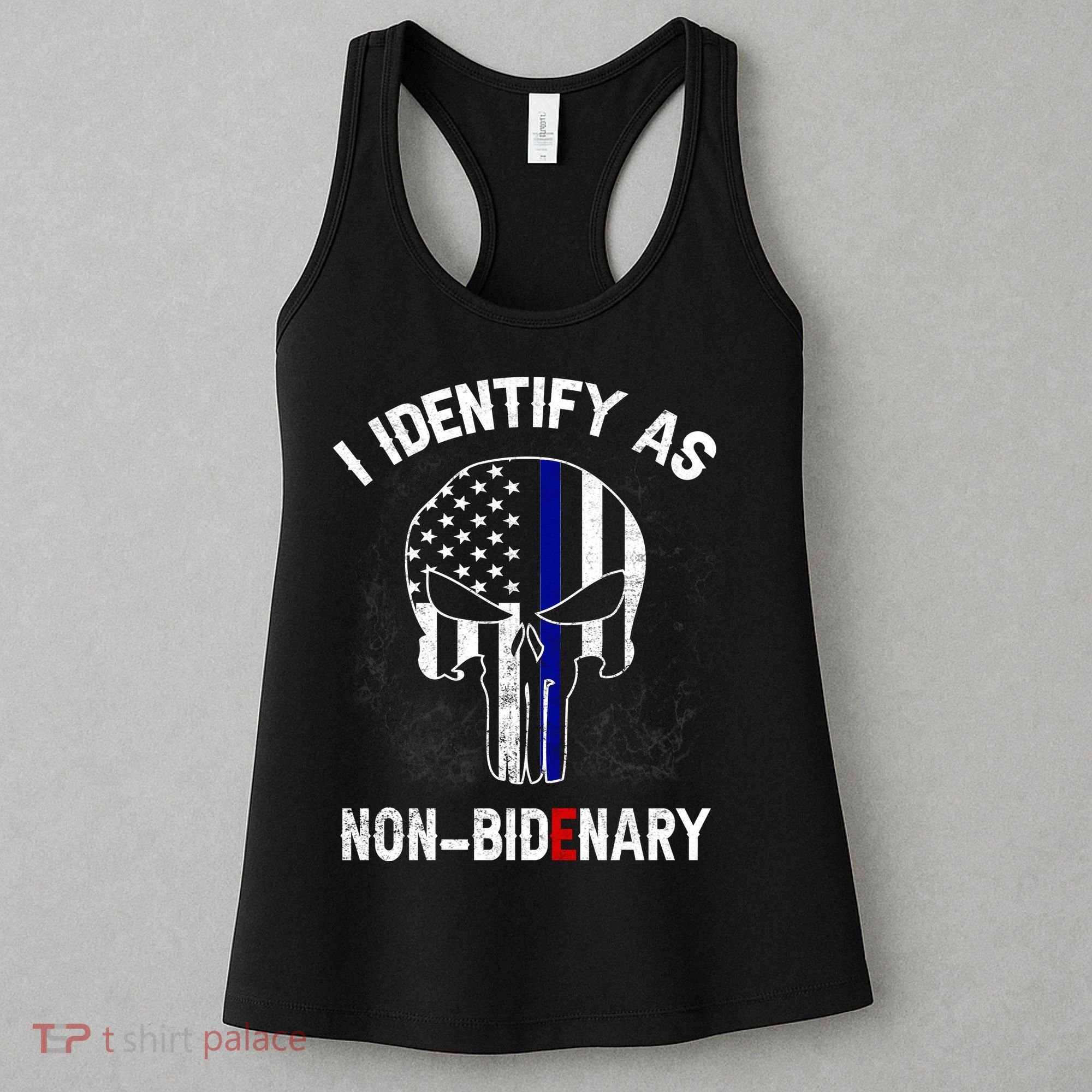 I Identify As Non Bidenary Skull Line Blue, Funny Anti Biden Women's Tank Top