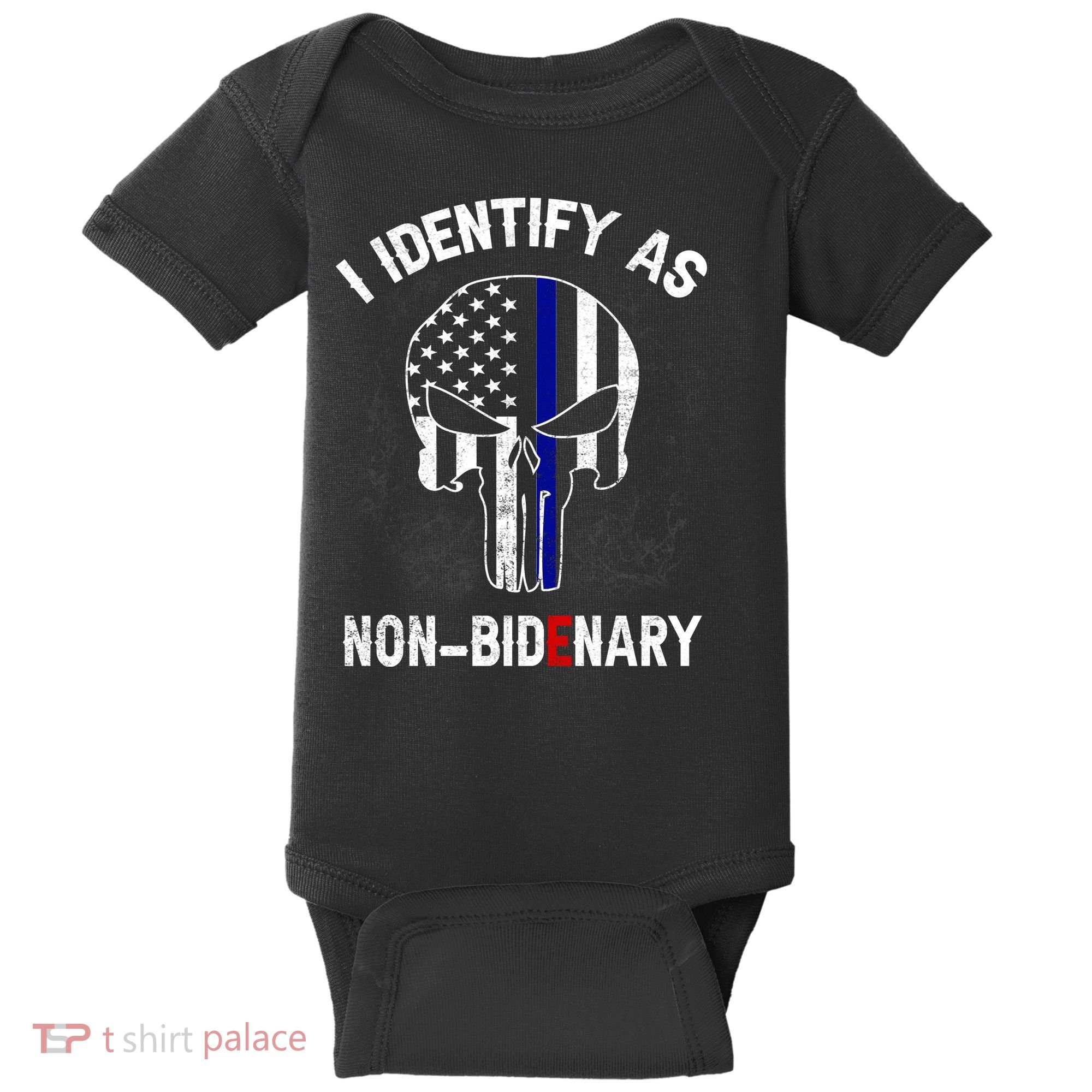 I Identify As Non Bidenary Skull Line Blue, Funny Anti Biden Baby Bodysuit