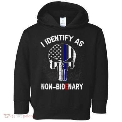 I Identify As Non Bidenary Skull Line Blue, Funny Anti Biden Toddler Hoodie