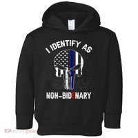 I Identify As Non Bidenary Skull Line Blue, Funny Anti Biden Toddler Hoodie thumb 0