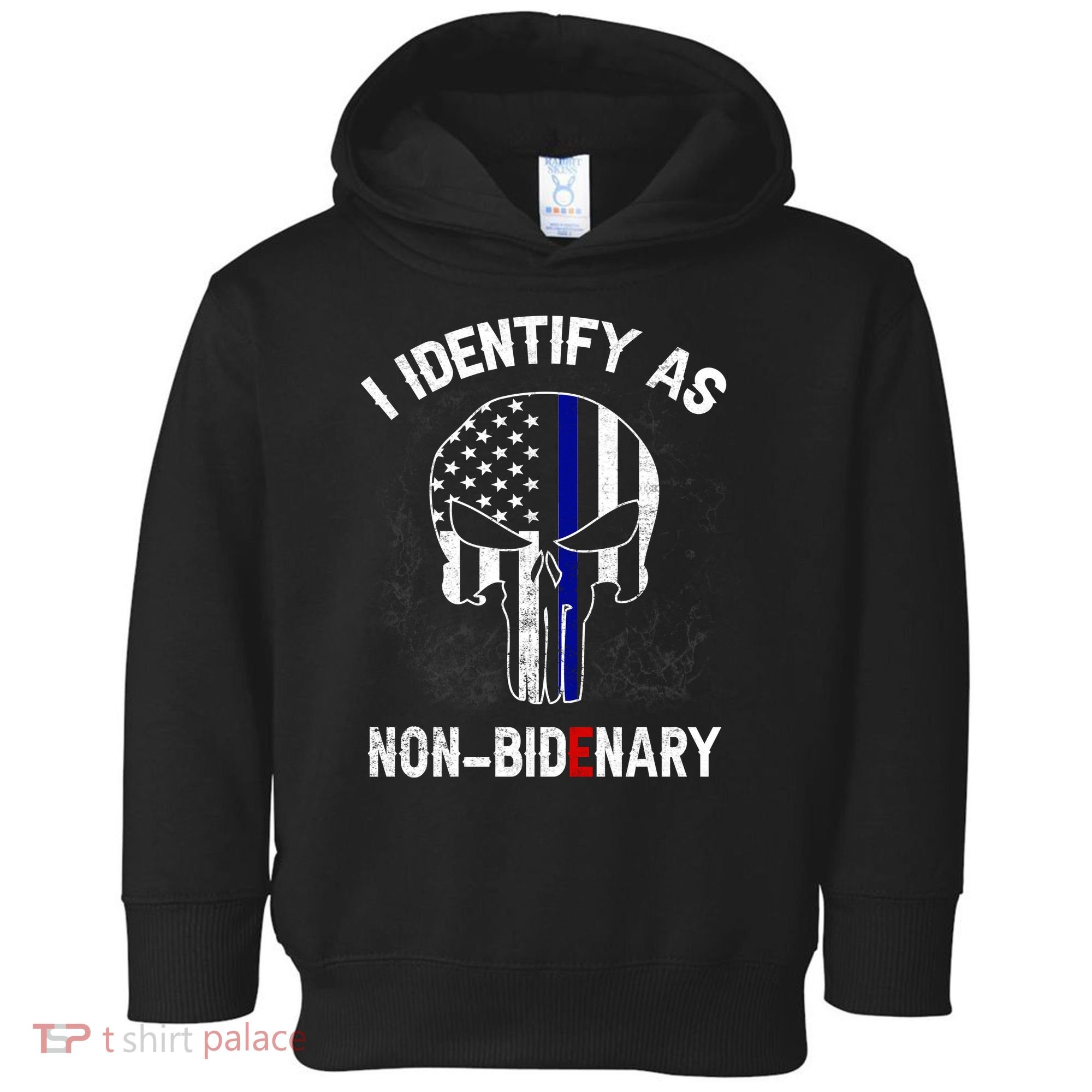 I Identify As Non Bidenary Skull Line Blue, Funny Anti Biden Toddler Hoodie