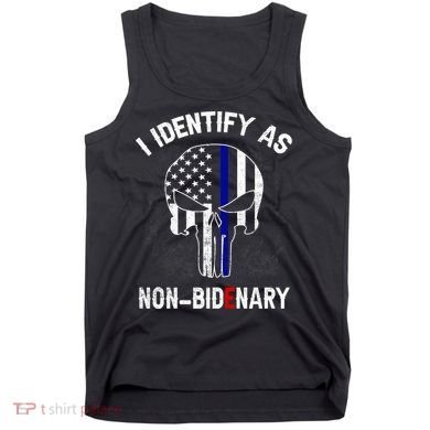 I Identify As Non Bidenary Skull Line Blue, Funny Anti Biden Tank Top