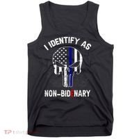 I Identify As Non Bidenary Skull Line Blue, Funny Anti Biden Tank Top thumb 0