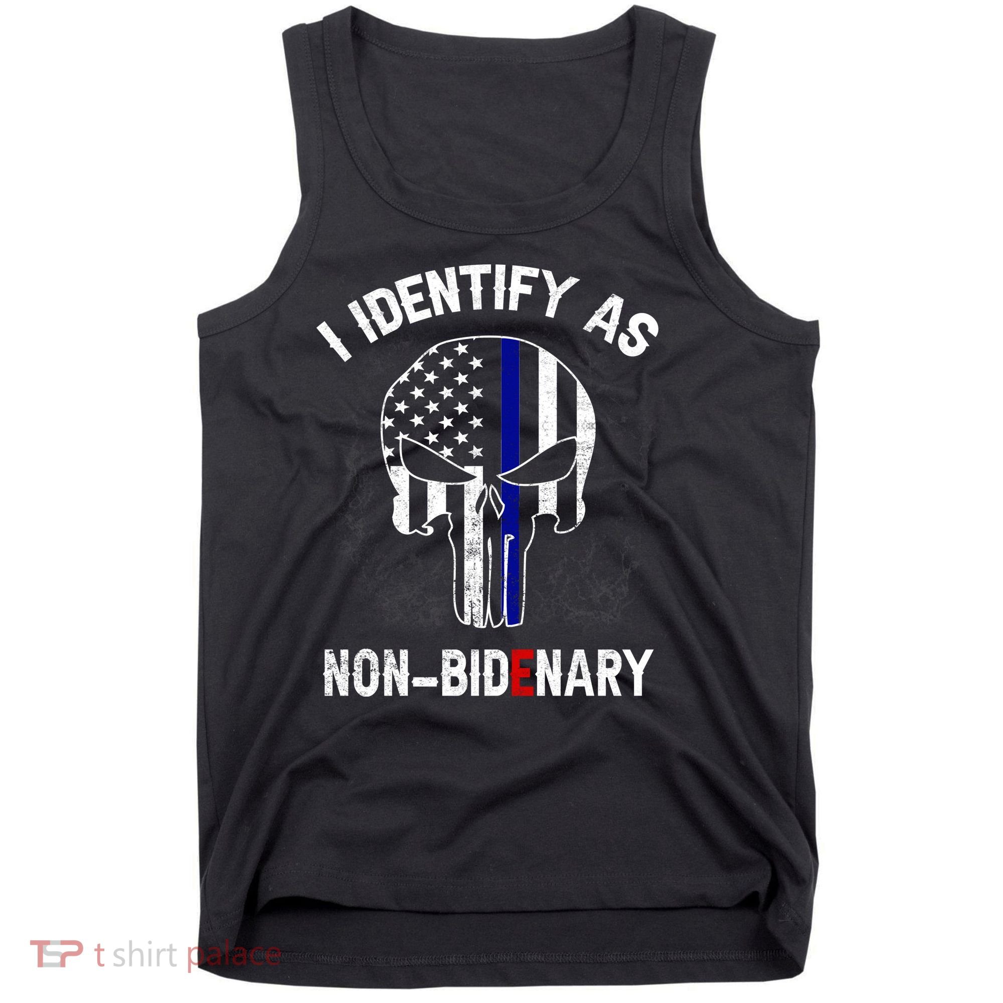 I Identify As Non Bidenary Skull Line Blue, Funny Anti Biden Tank Top