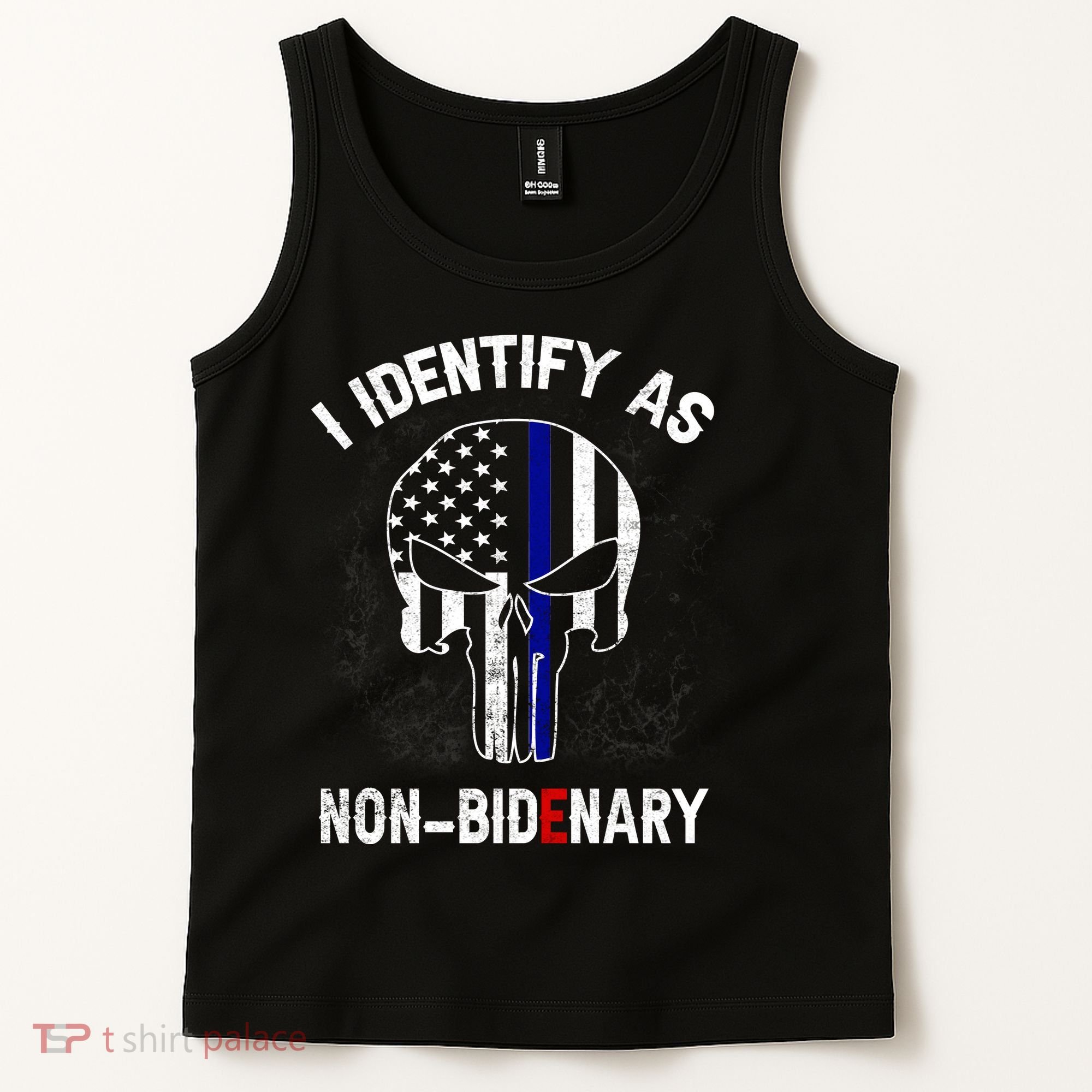 I Identify As Non Bidenary Skull Line Blue, Funny Anti Biden Tank Top