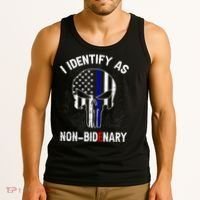 I Identify As Non Bidenary Skull Line Blue, Funny Anti Biden Tank Top thumb 3