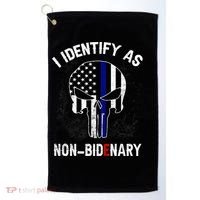 I Identify As Non Bidenary Skull Line Blue, Funny Anti Biden Golf Towel thumb 0