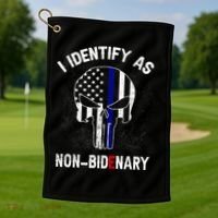 I Identify As Non Bidenary Skull Line Blue, Funny Anti Biden Golf Towel thumb 1