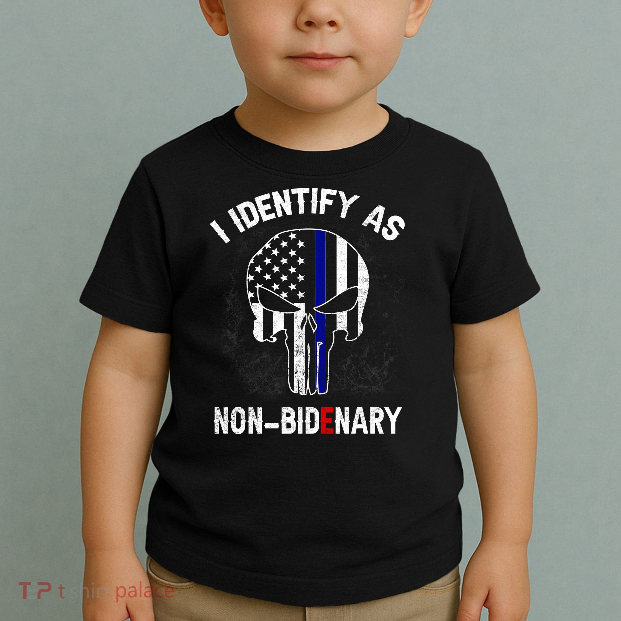 I Identify As Non Bidenary Skull Line Blue, Funny Anti Biden Toddler T-Shirt