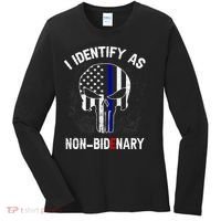 I Identify As Non Bidenary Skull Line Blue, Funny Anti Biden Women's Long Sleeve Shirt thumb 0