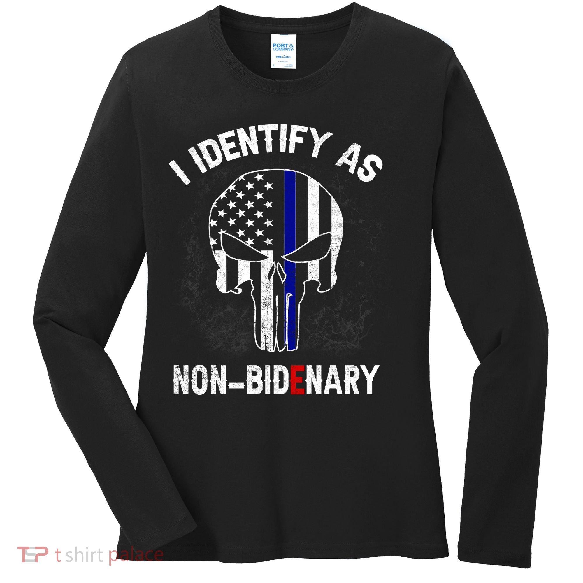 I Identify As Non Bidenary Skull Line Blue, Funny Anti Biden Women's Long Sleeve Shirt