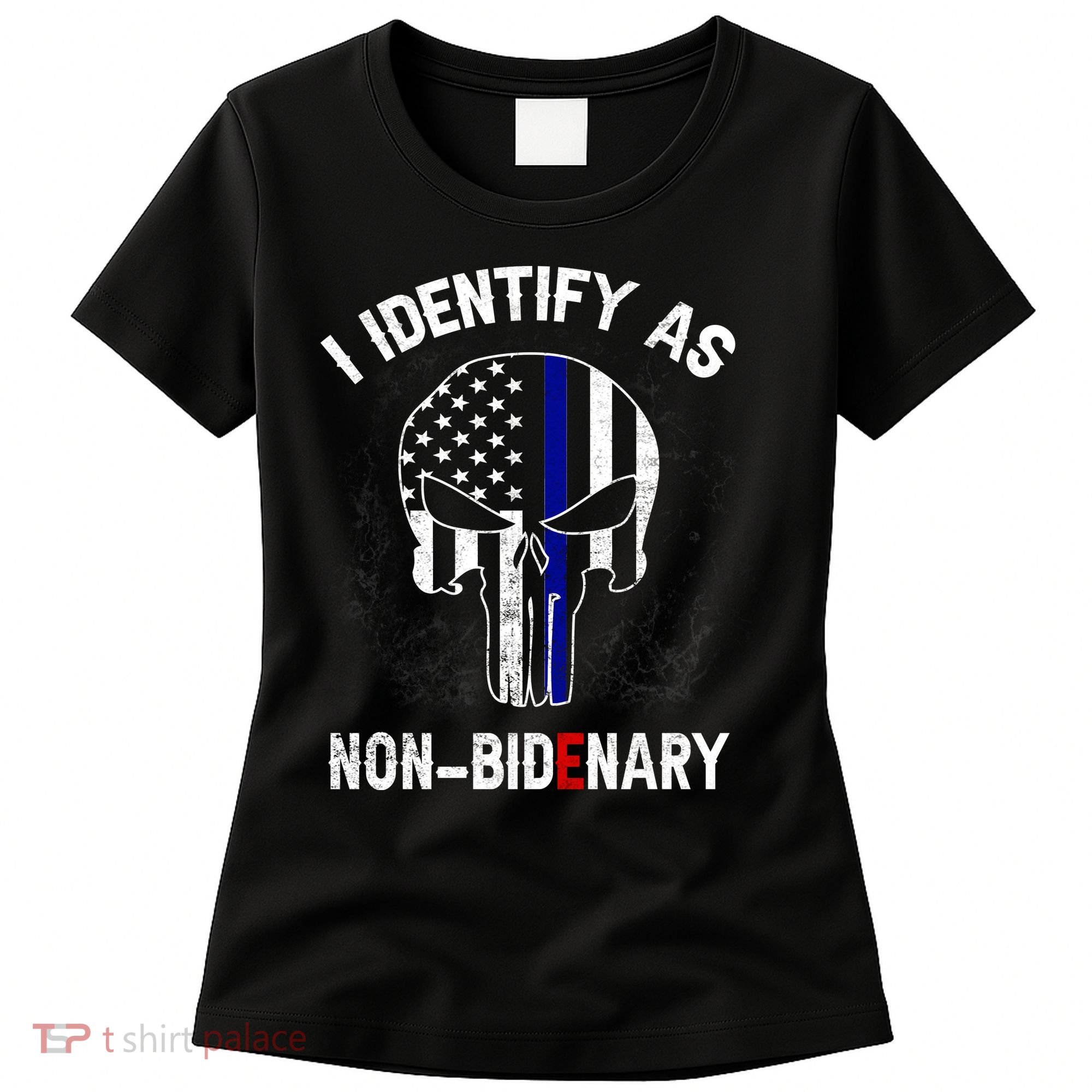 I Identify As Non Bidenary Skull Line Blue, Funny Anti Biden Women's T-Shirt