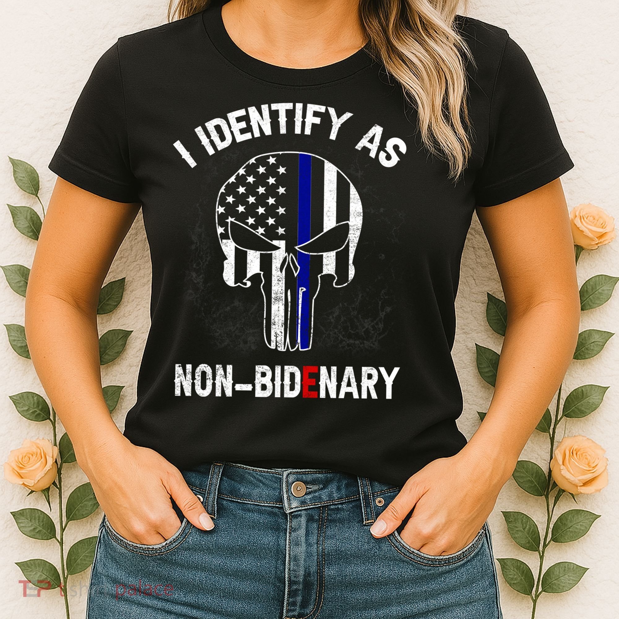I Identify As Non Bidenary Skull Line Blue, Funny Anti Biden Women's T-Shirt