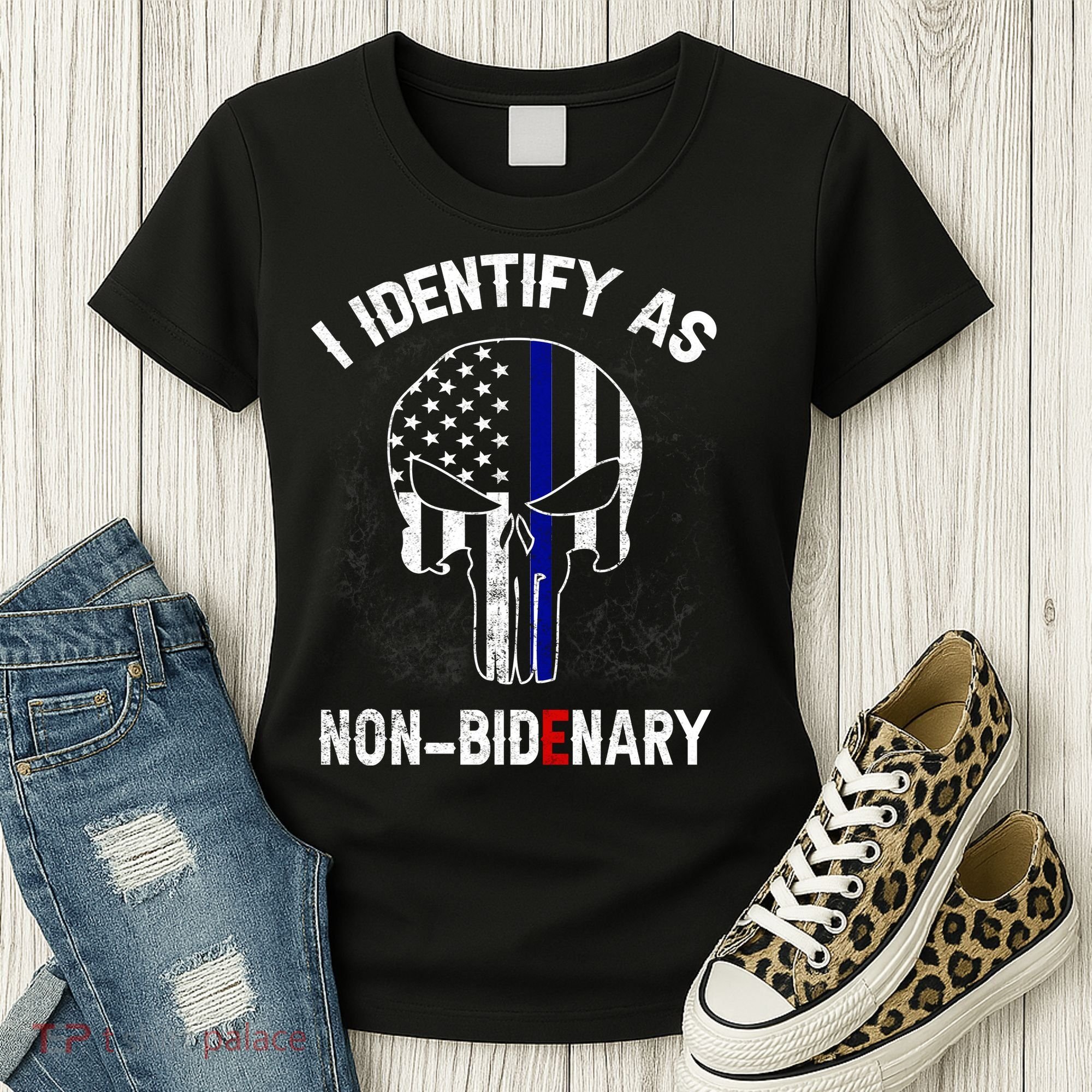 I Identify As Non Bidenary Skull Line Blue, Funny Anti Biden Women's T-Shirt