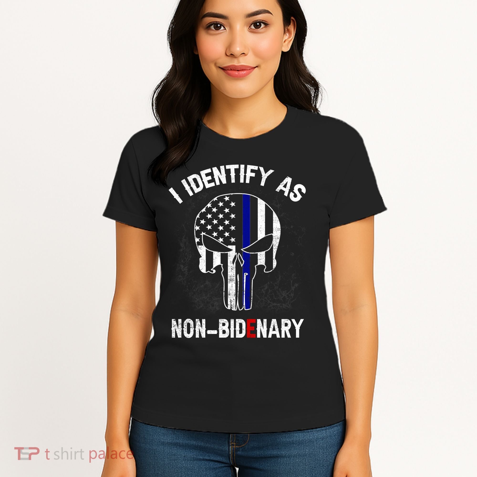 I Identify As Non Bidenary Skull Line Blue, Funny Anti Biden Women's T-Shirt