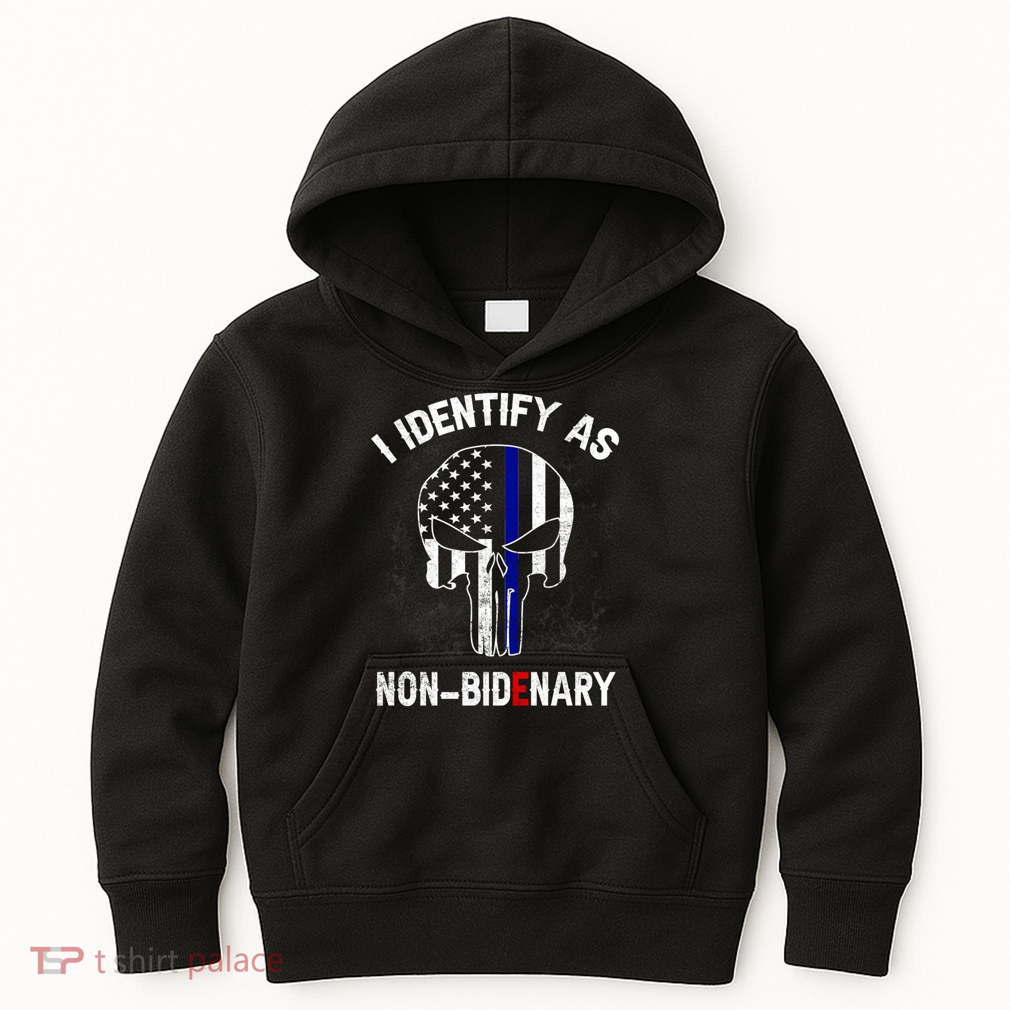 I Identify As Non Bidenary Skull Line Blue, Funny Anti Biden Kids Hoodie