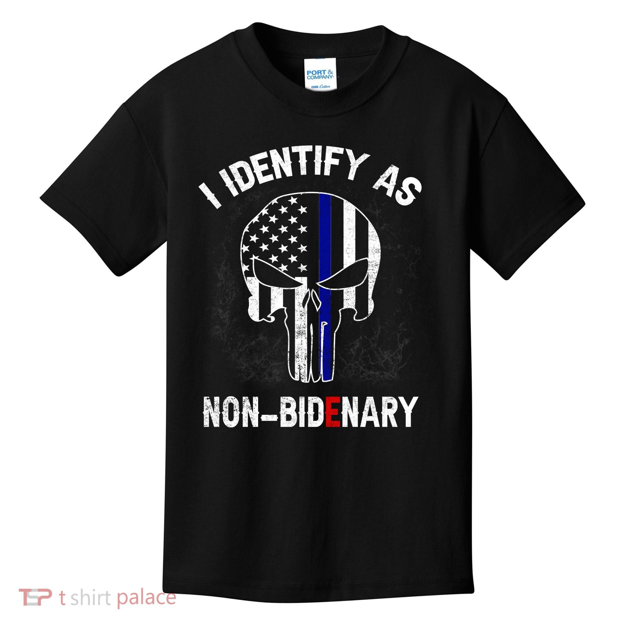 I Identify As Non Bidenary Skull Line Blue, Funny Anti Biden Kids T-Shirt
