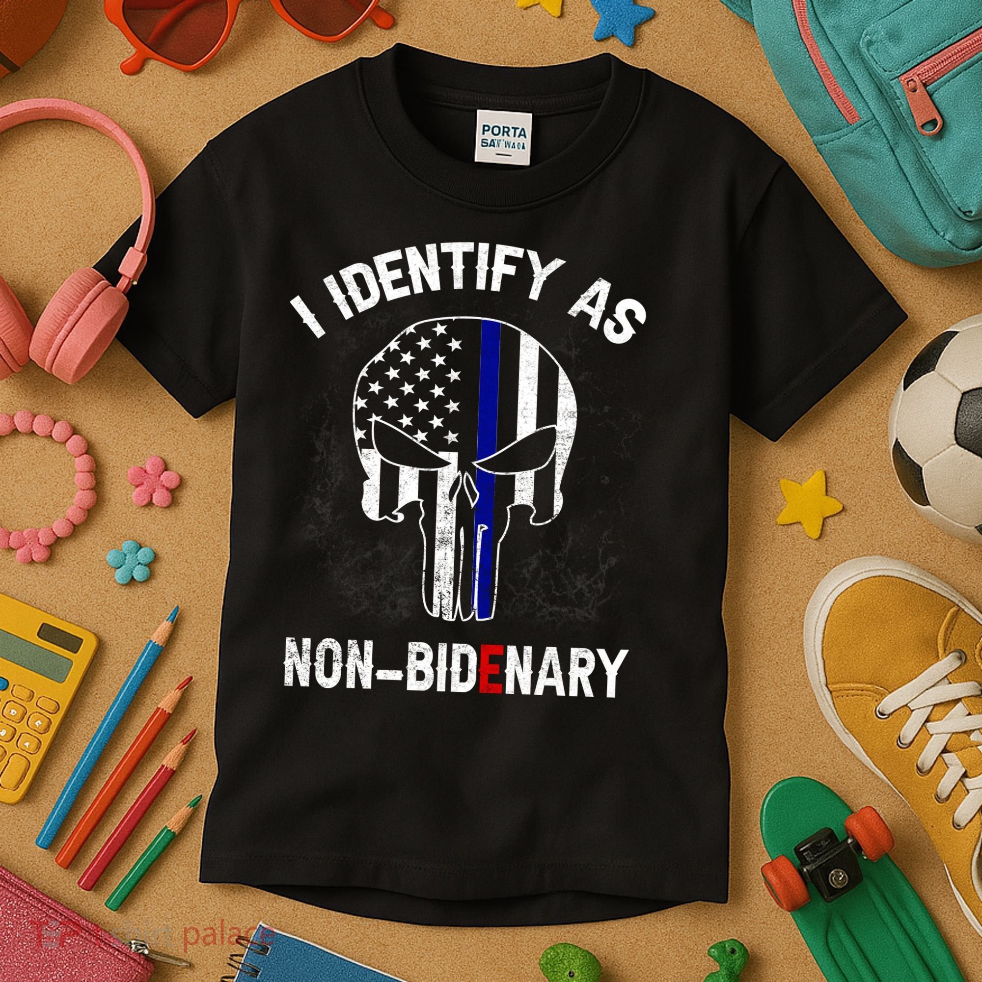 I Identify As Non Bidenary Skull Line Blue, Funny Anti Biden Kids T-Shirt